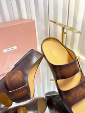 MIUMIU 26S DOUBLE-STRAP SLIDES IN CARAMEL BROWN CALFSKIN