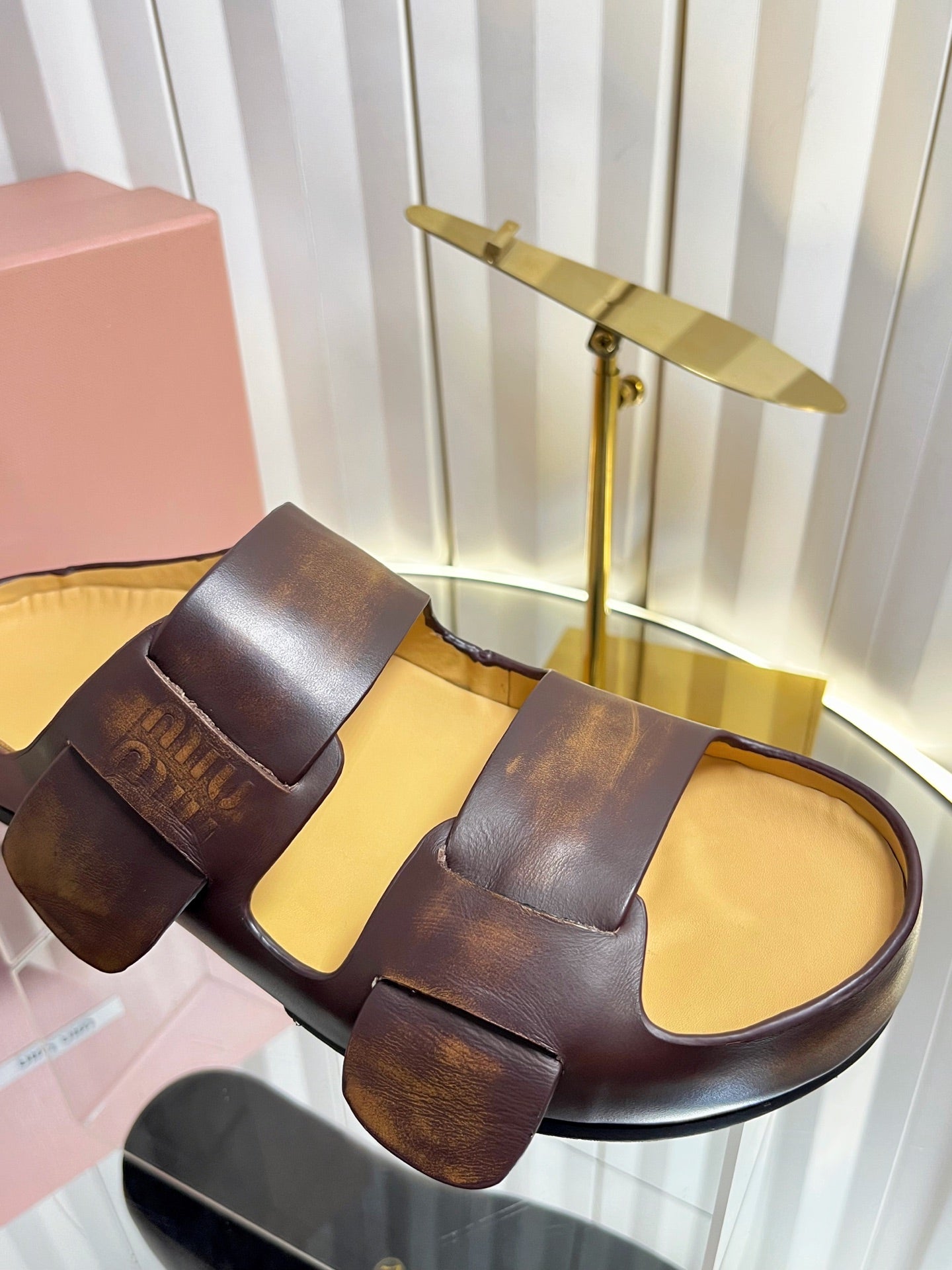 MIUMIU 26S DOUBLE-STRAP SLIDES IN CARAMEL BROWN CALFSKIN