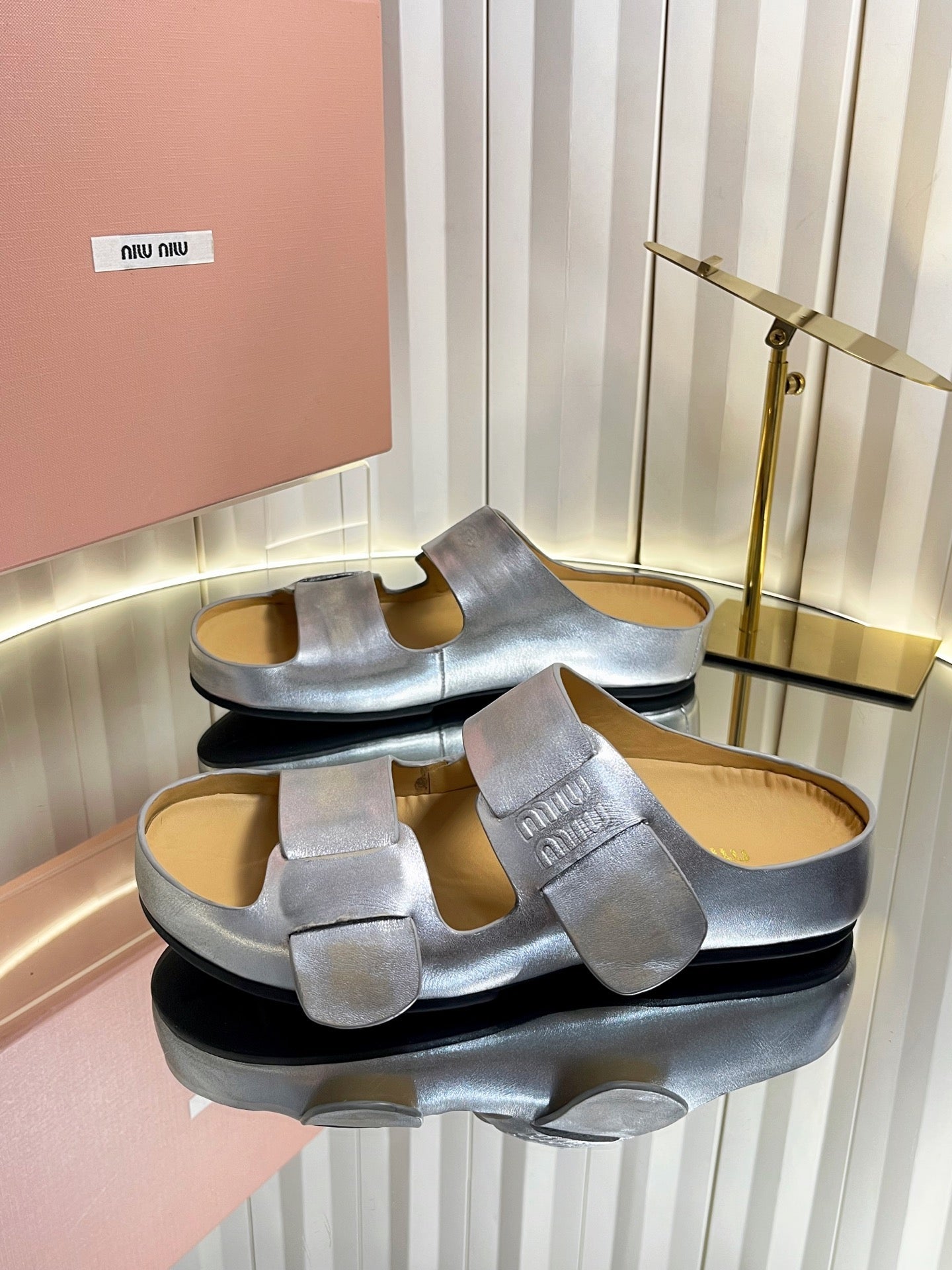 MIUMIU 26S DOUBLE-STRAP SLIDES IN SILVER CALFSKIN
