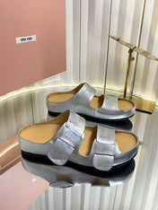 MIUMIU 26S DOUBLE-STRAP SLIDES IN SILVER CALFSKIN