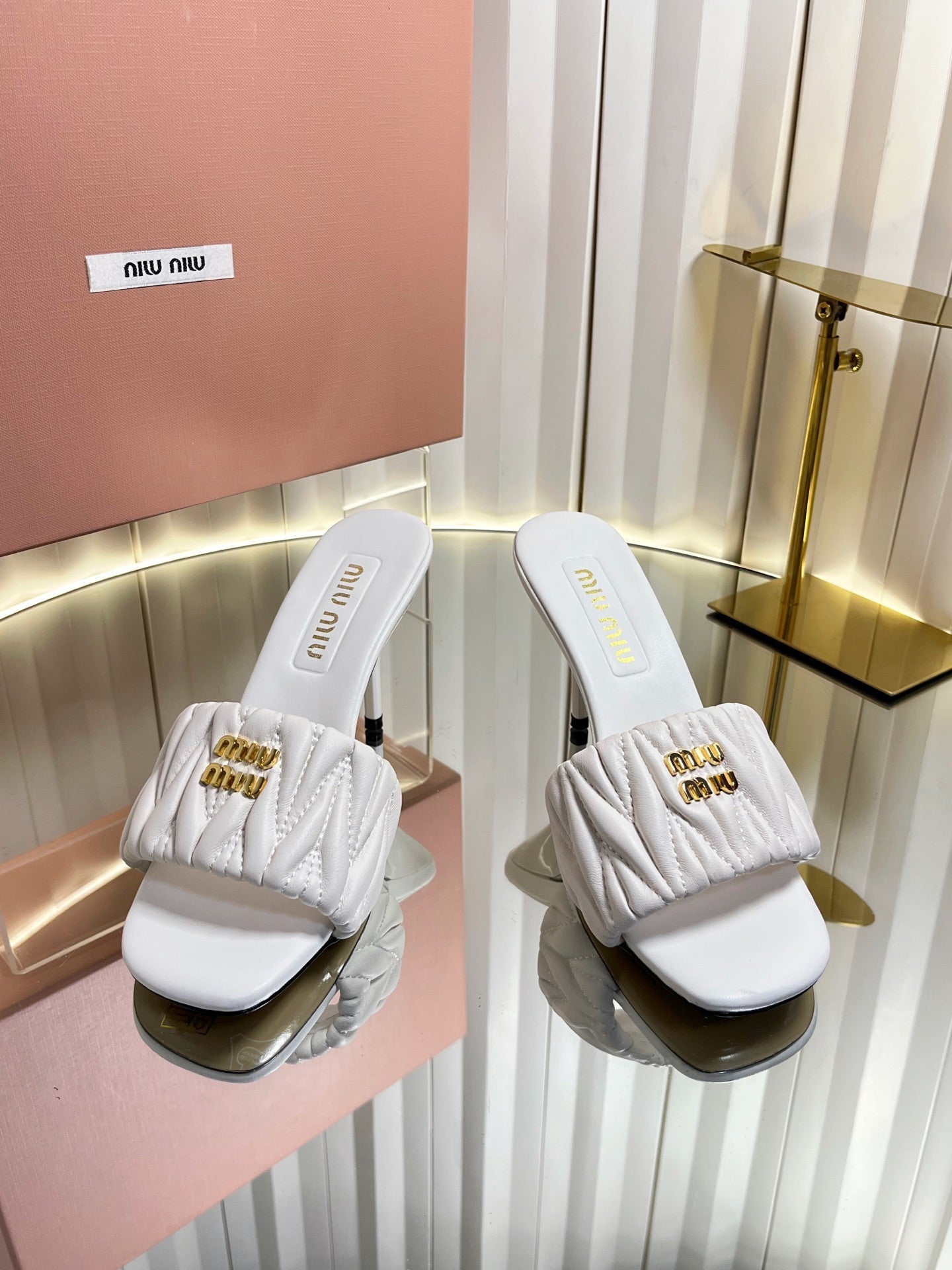 MIUMIU 26S HIGH-HEEL MULE SANDALS 85MM IN WHITE CALFSKIN GOLD HARDWARE