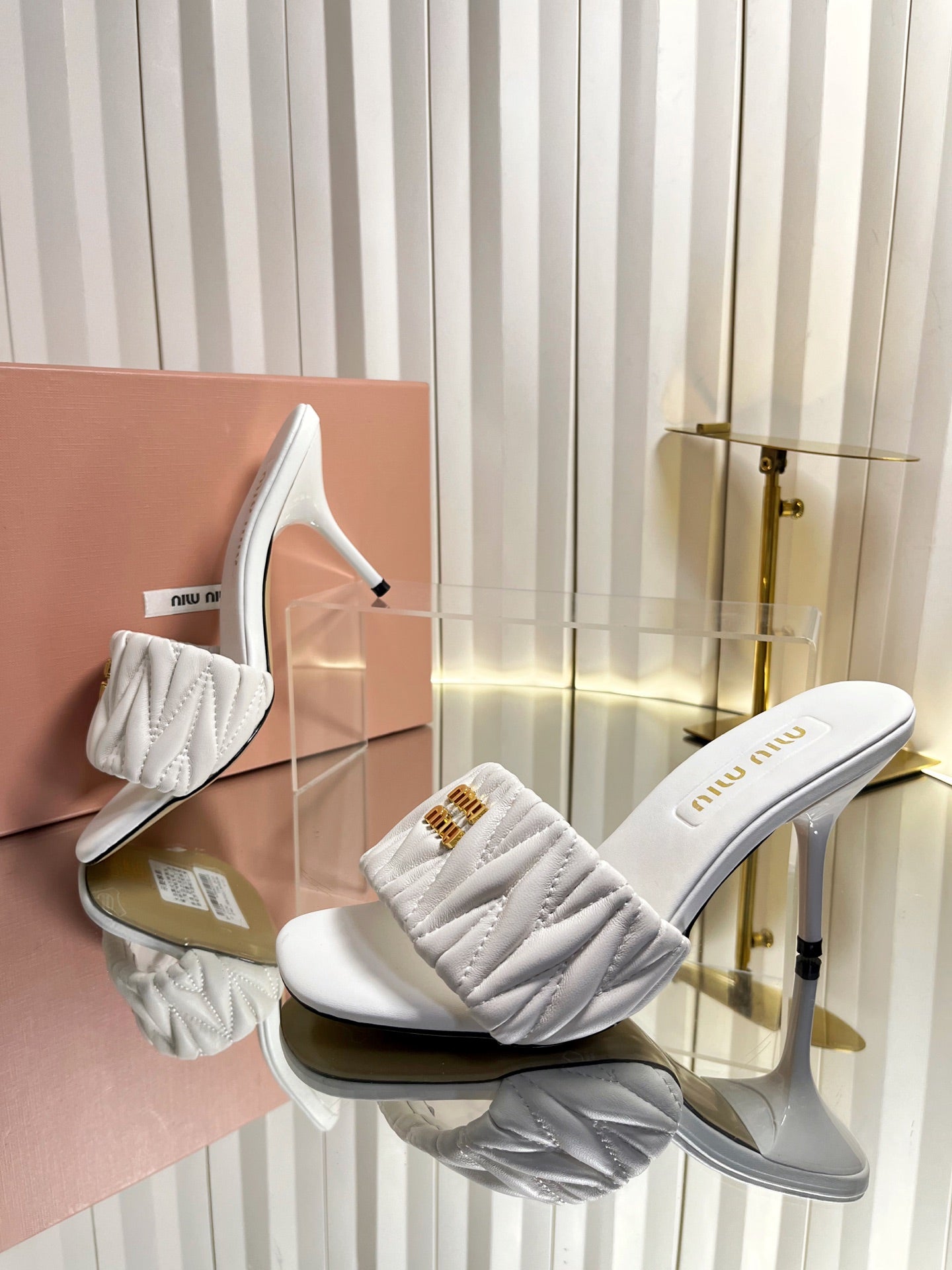 MIUMIU 26S HIGH-HEEL MULE SANDALS 85MM IN WHITE CALFSKIN GOLD HARDWARE