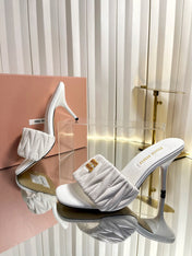 MIUMIU 26S HIGH-HEEL MULE SANDALS 85MM IN WHITE CALFSKIN GOLD HARDWARE