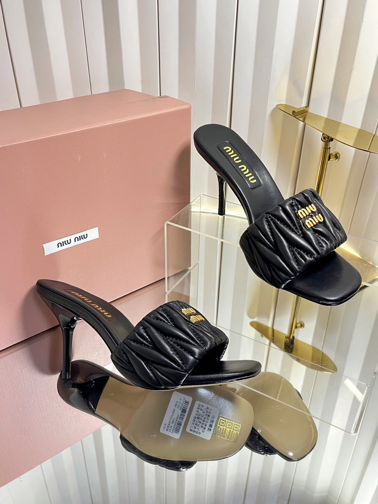 MIUMIU 26S HIGH-HEEL MULE SANDALS 85MM IN BLACK CALFSKIN GOLD HARDWARE