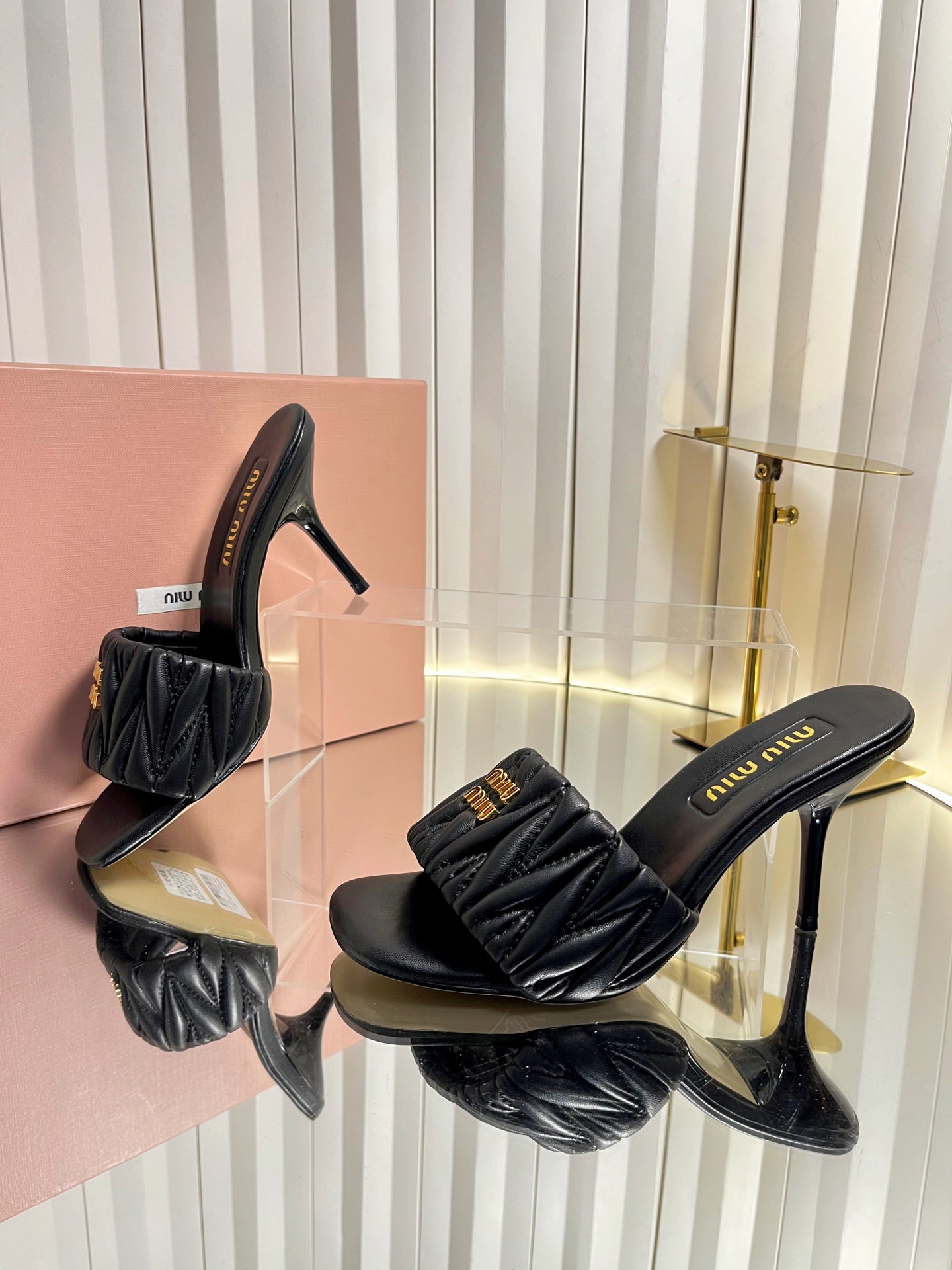 MIUMIU 26S HIGH-HEEL MULE SANDALS 85MM IN BLACK CALFSKIN GOLD HARDWARE