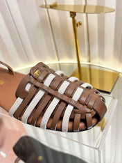MIUMIU 26S SLINGBACK SANDALS IN DARK BROWN AND WHITE CALFSKIN