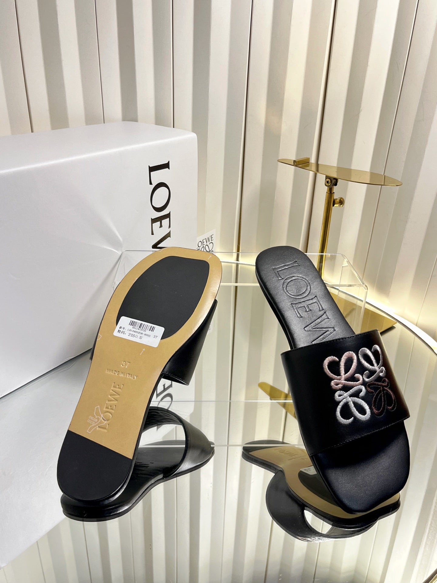 LOEWE 26S LOGO-EMBROIDERED SANDALS IN BLACK CALFSKIN