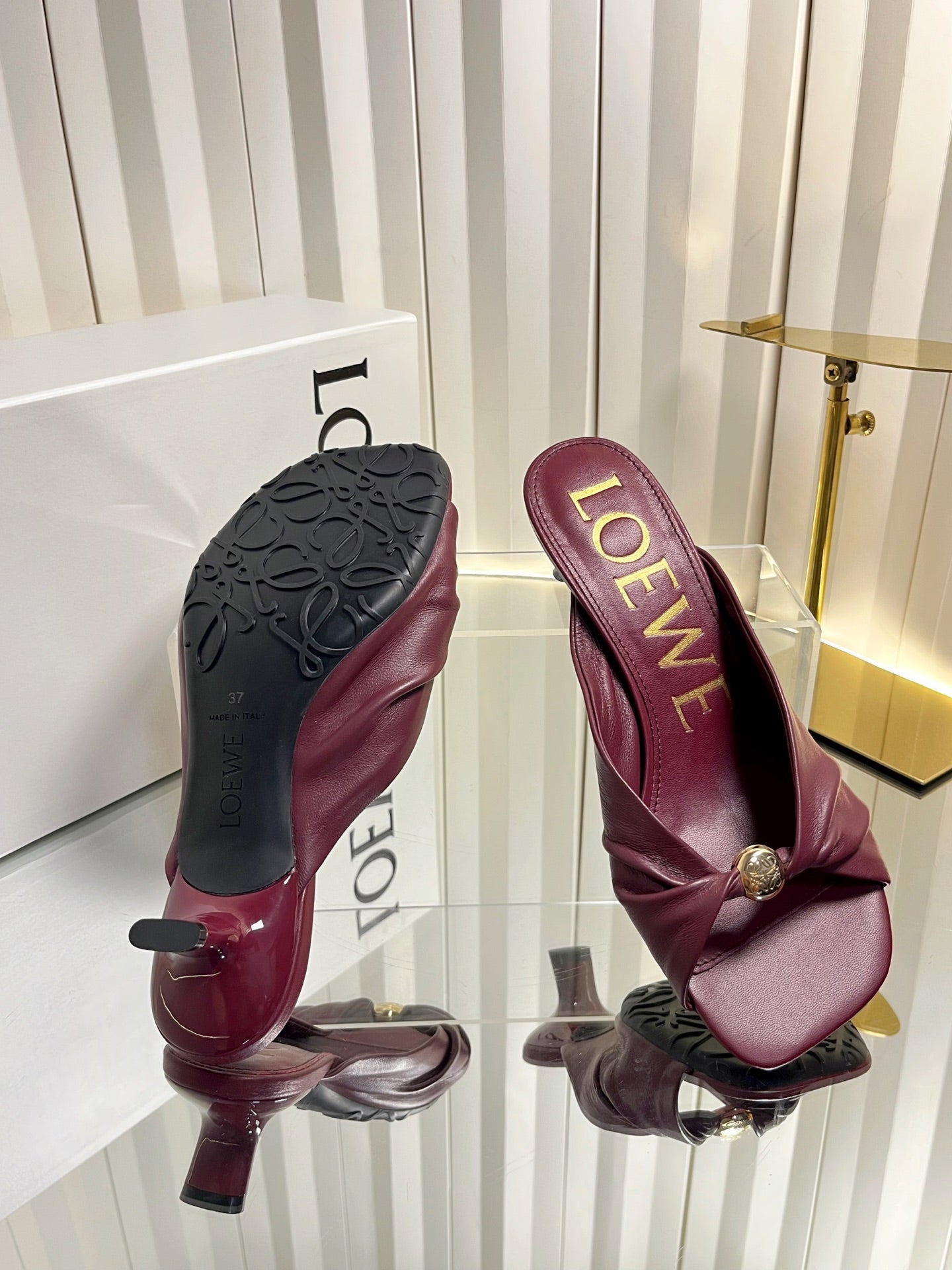 LOEWE 26S HEELED SANDALS 45 MM IN DARK RED CALFSKIN