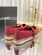 CHANEL 26S ESPADRILLE MARY JANE SHOES IN DARK RED LAMBSKIN