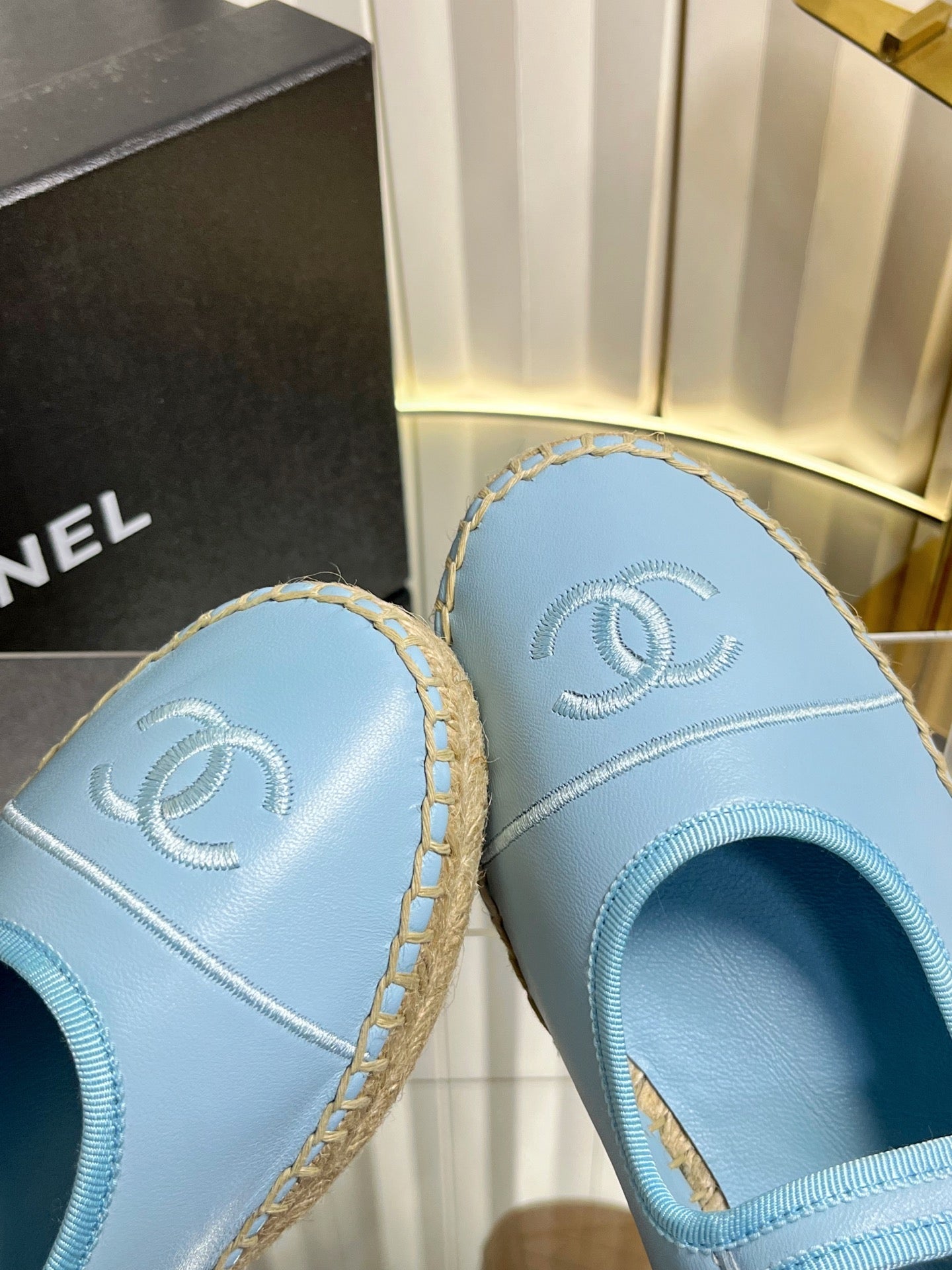 CHANEL 26S ESPADRILLE MARY JANE SHOES IN BLUE LAMBSKIN