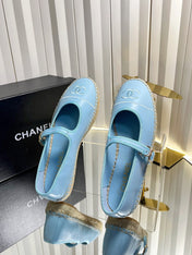 CHANEL 26S ESPADRILLE MARY JANE SHOES IN BLUE LAMBSKIN