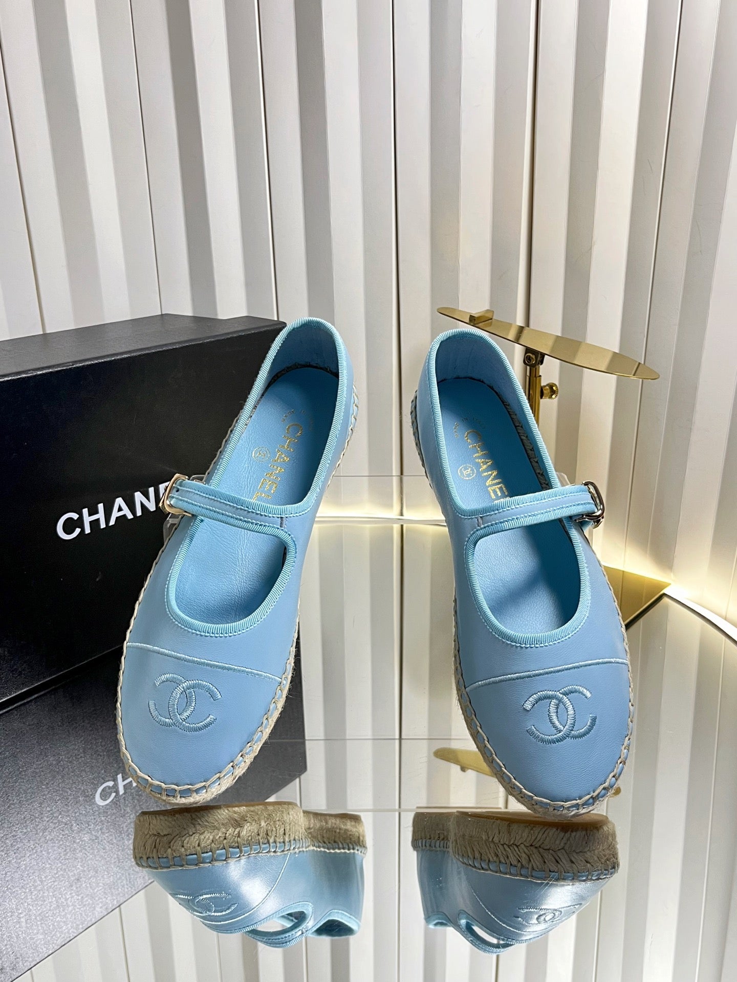 CHANEL 26S ESPADRILLE MARY JANE SHOES IN BLUE LAMBSKIN