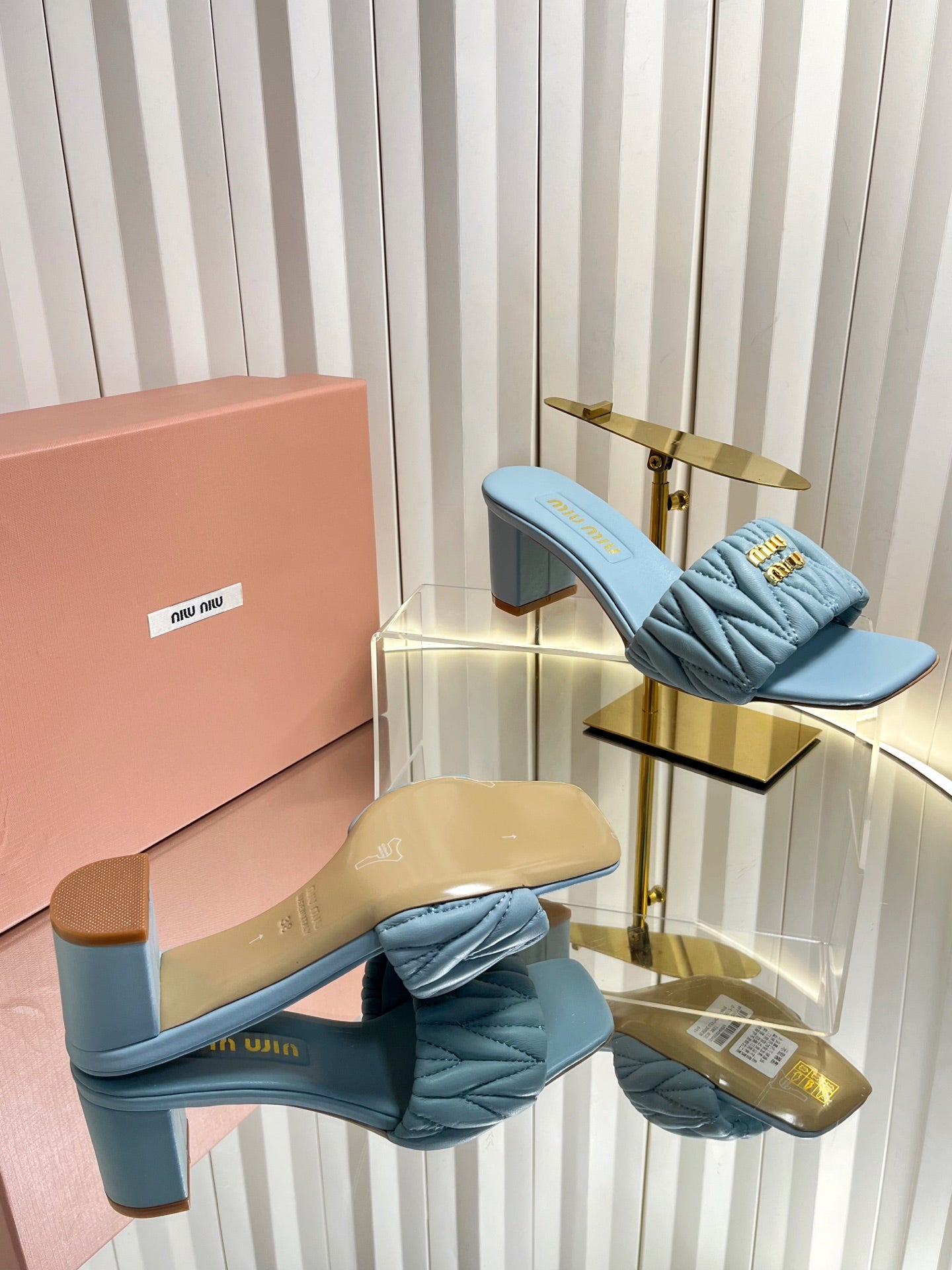 MIUMIU 26S PADDED MATELASSE MULE HEELS 65MM IN LIGHT BLUE CALFSKIN GOLD HARDWARE