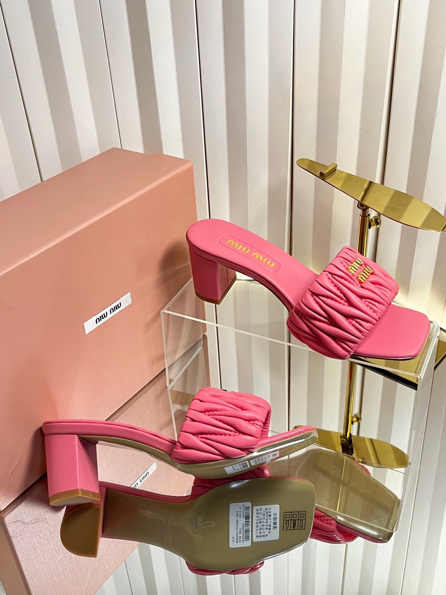 MIUMIU 26S PADDED MATELASSE MULE HEELS 65MM IN PINK CALFSKIN GOLD HARDWARE