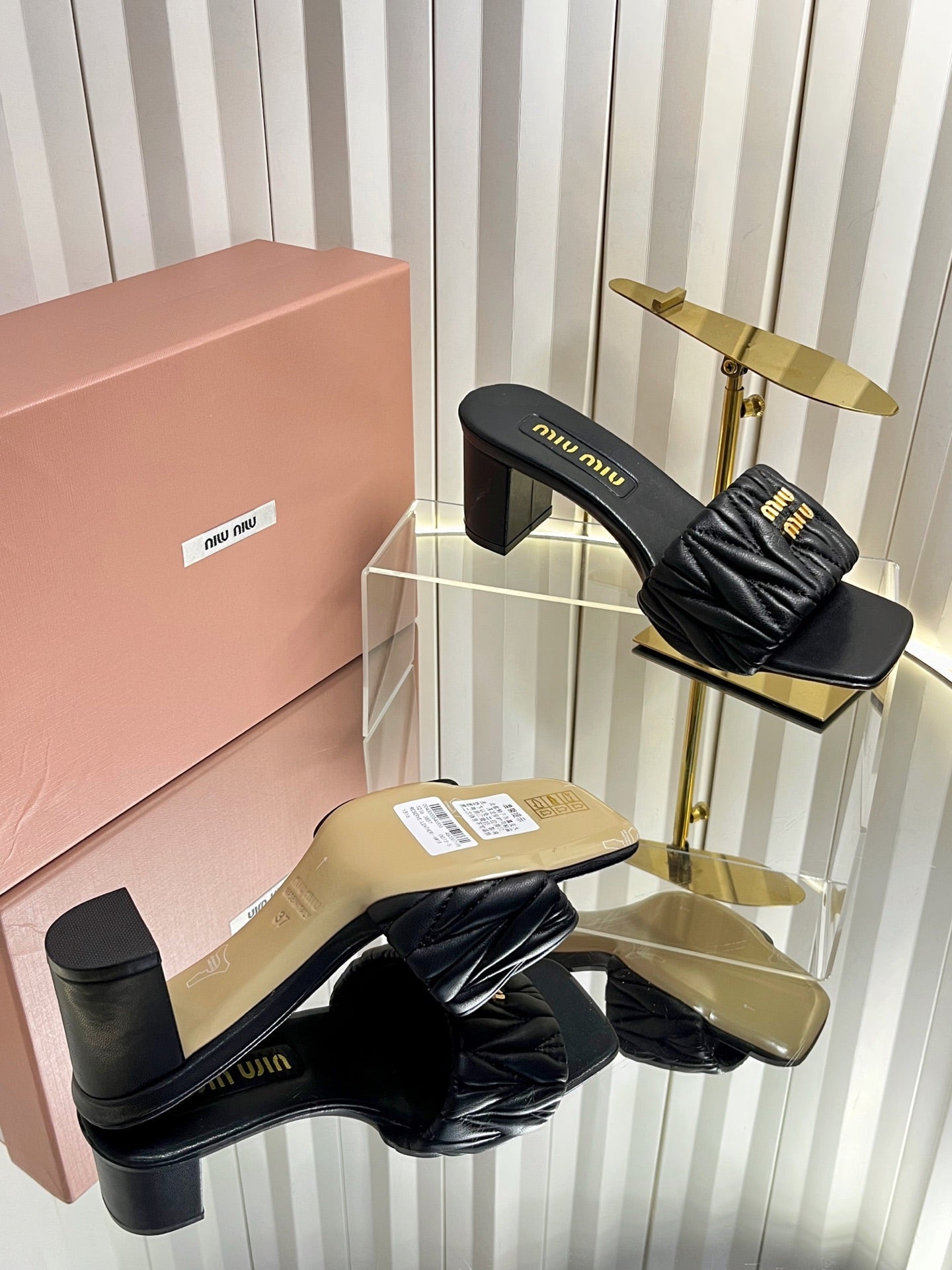 MIUMIU 26S PADDED MATELASSE MULE HEELS 65MM IN BLACK CALFSKIN GOLD HARDWARE