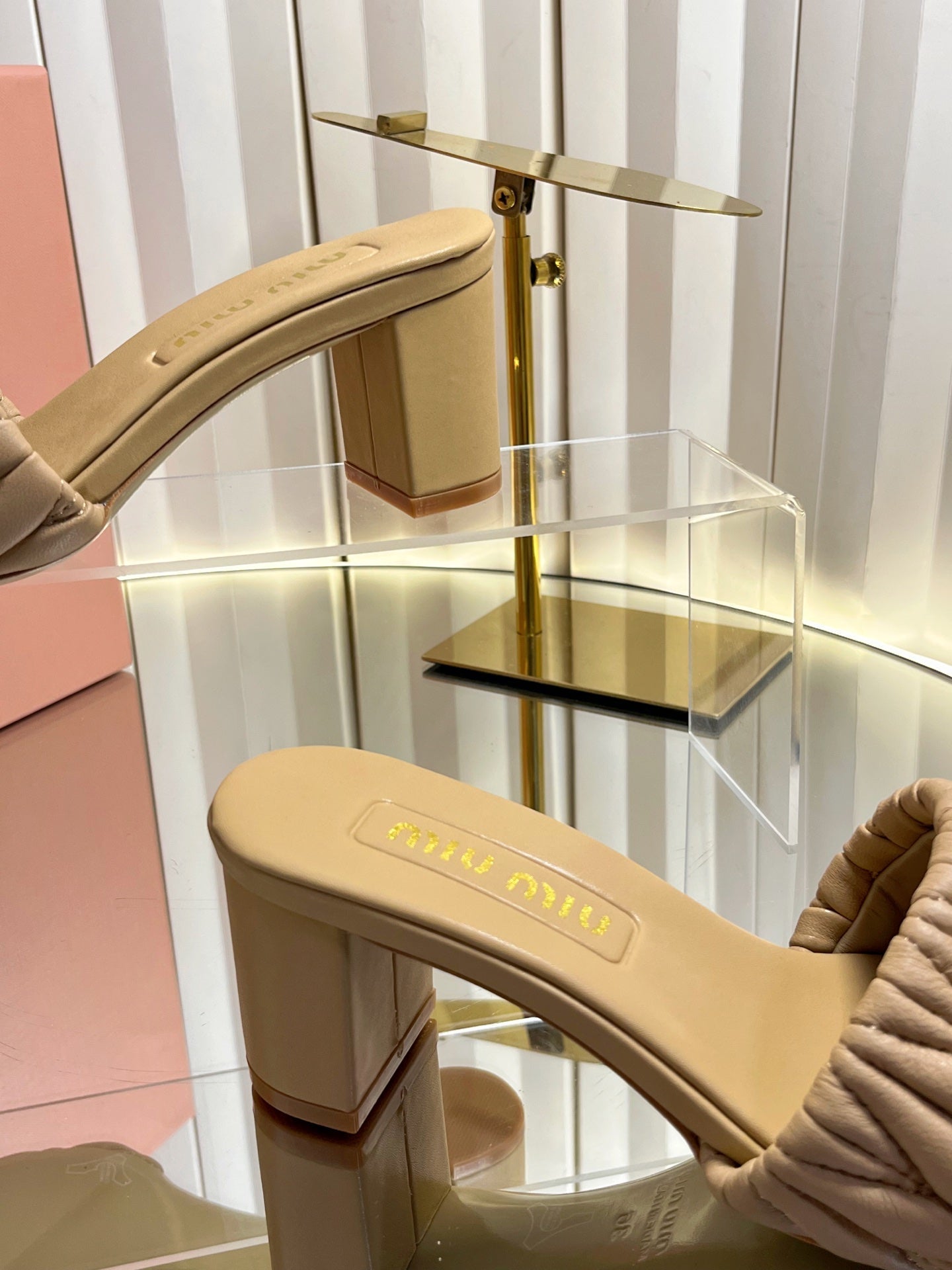 MIUMIU 26S PADDED MATELASSE MULE HEELS 65MM IN BEIGE CALFSKIN GOLD HARDWARE