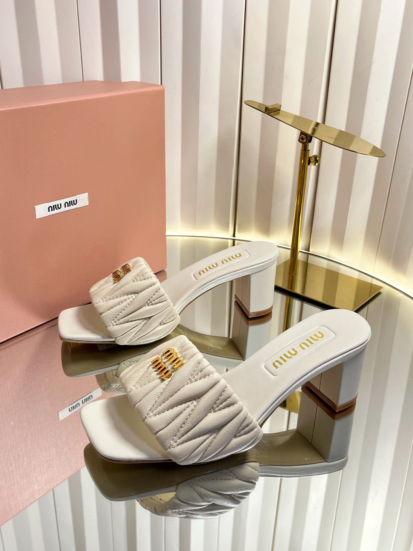 MIUMIU 26S PADDED MATELASSE MULE HEELS 65MM IN LIGHT BEIGE CALFSKIN GOLD HARDWARE