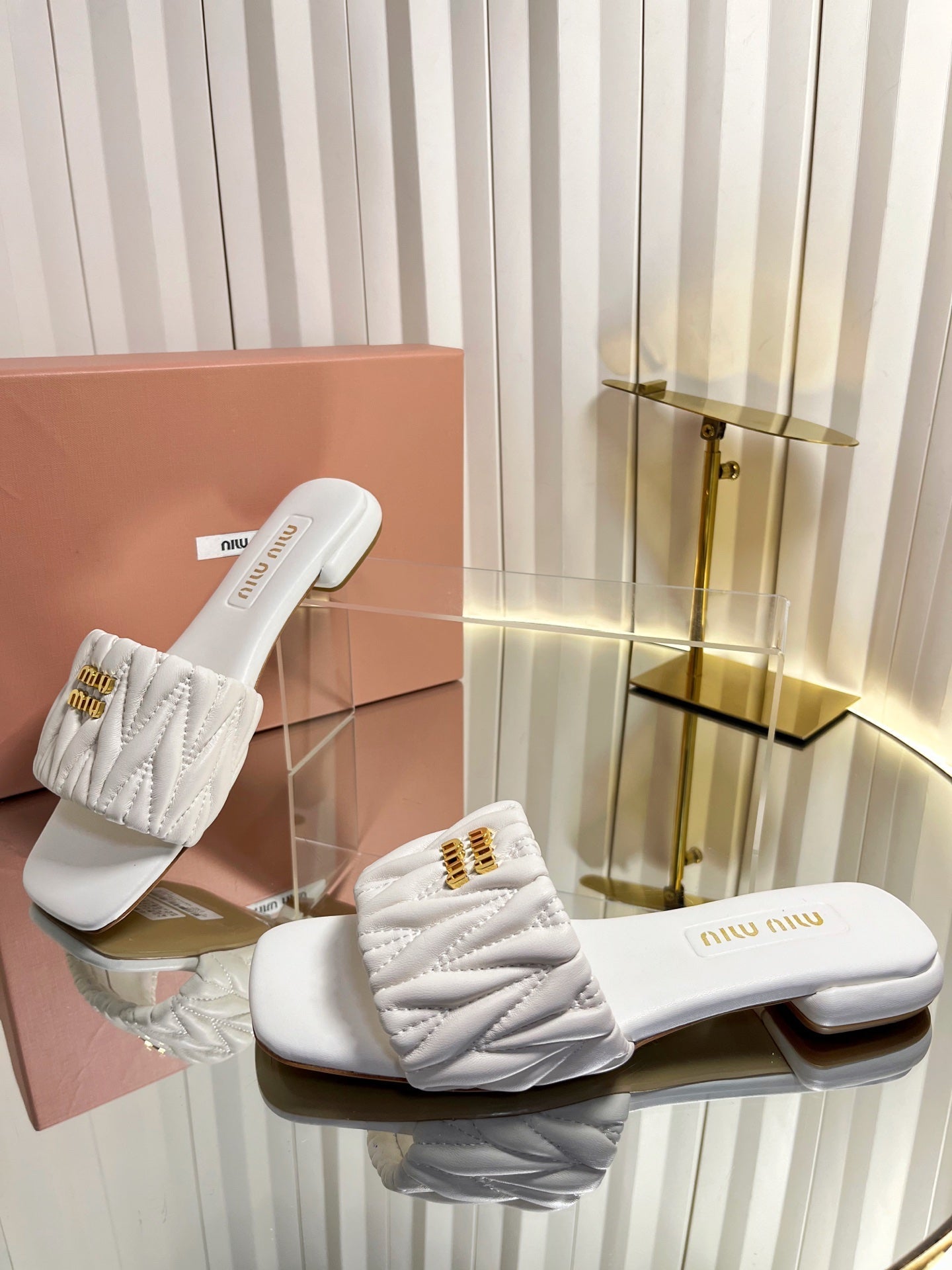 MIUMIU 26S MATELASSE SLIDES IN IVORY WHITE CALFSKIN GOLD HARDWARE