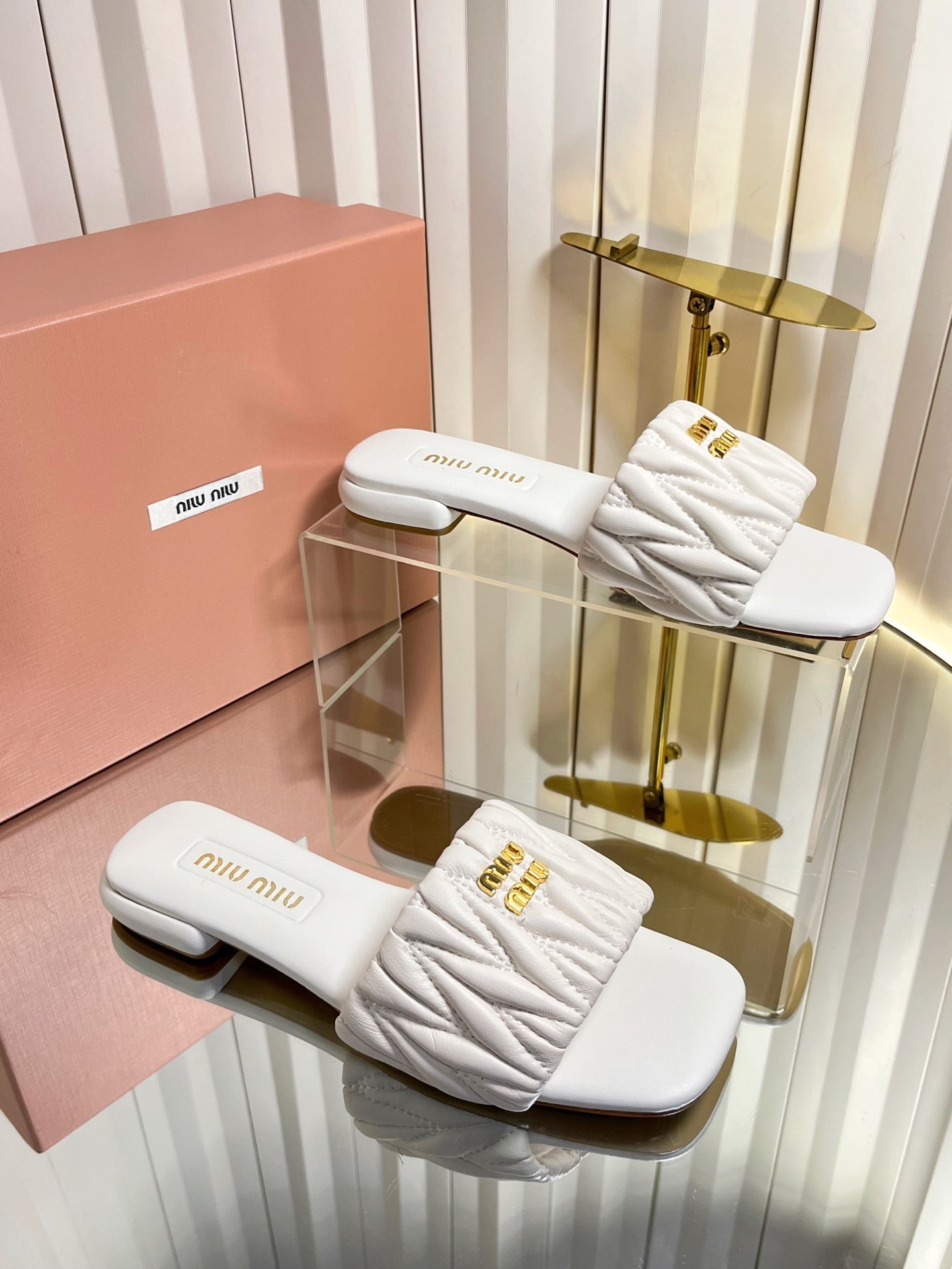 MIUMIU 26S MATELASSE SLIDES IN IVORY WHITE CALFSKIN GOLD HARDWARE