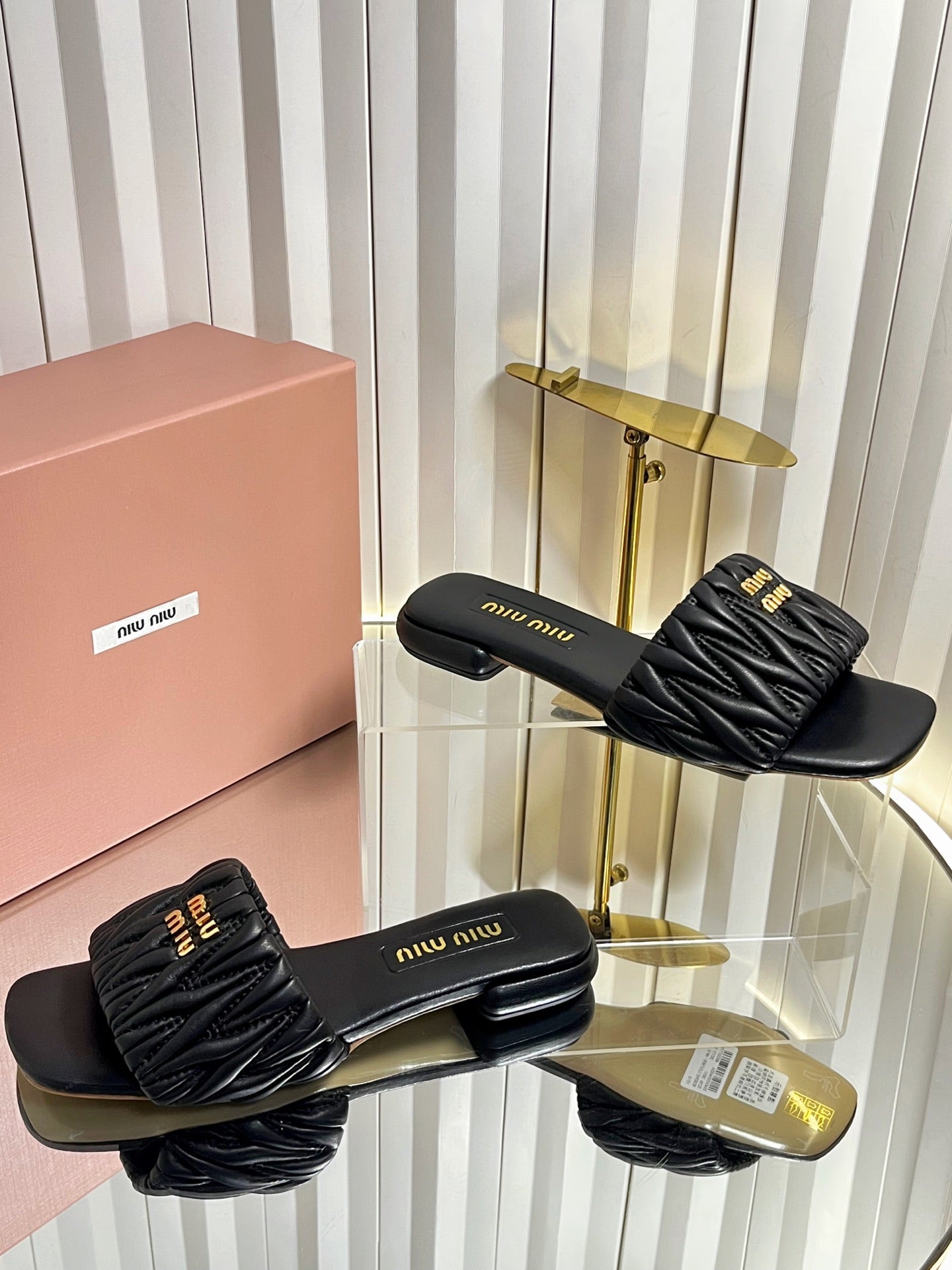MIUMIU 26S MATELASSE SLIDES IN BLACK CALFSKIN GOLD HARDWARE