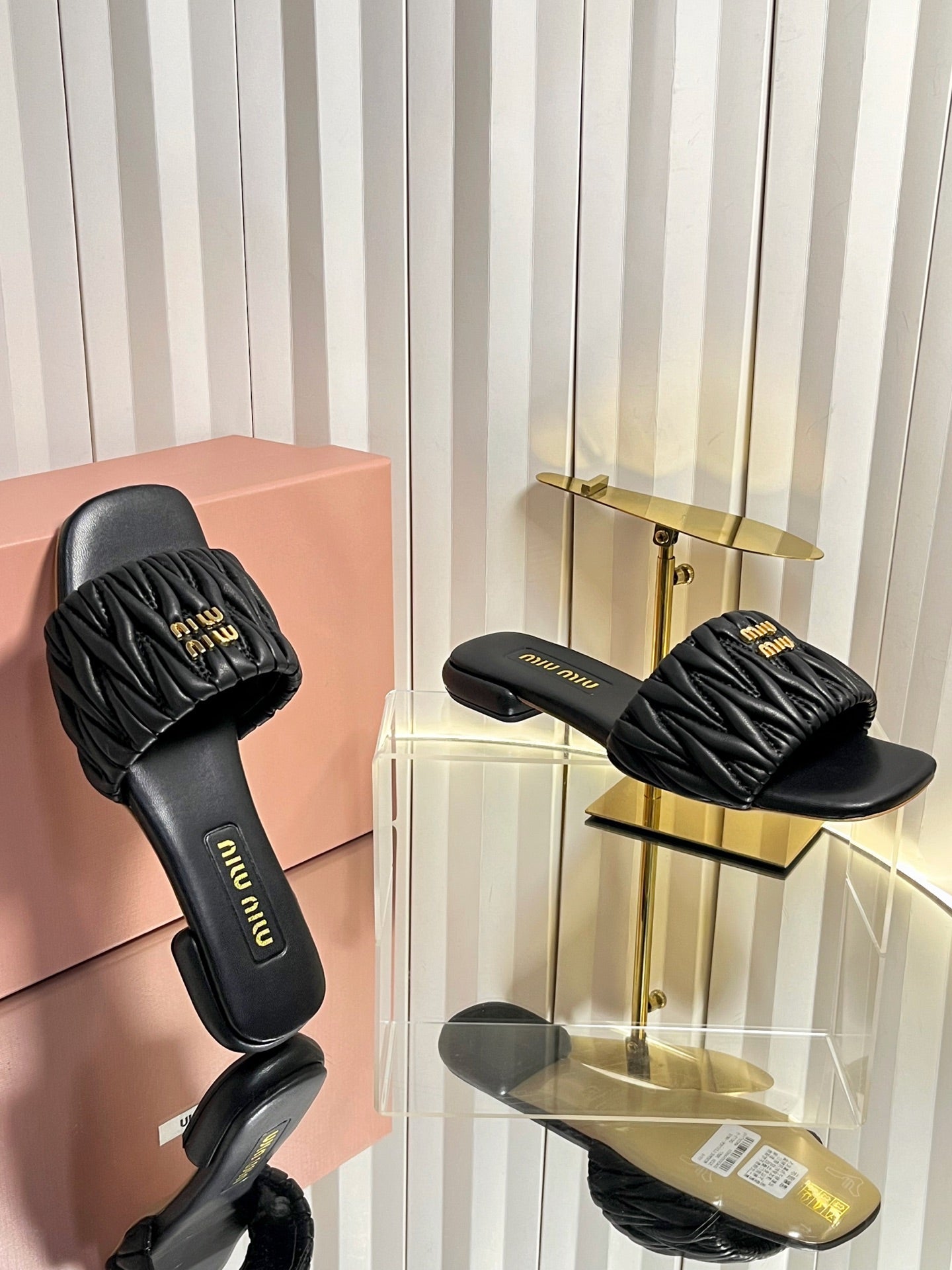 MIUMIU 26S MATELASSE SLIDES IN BLACK CALFSKIN GOLD HARDWARE