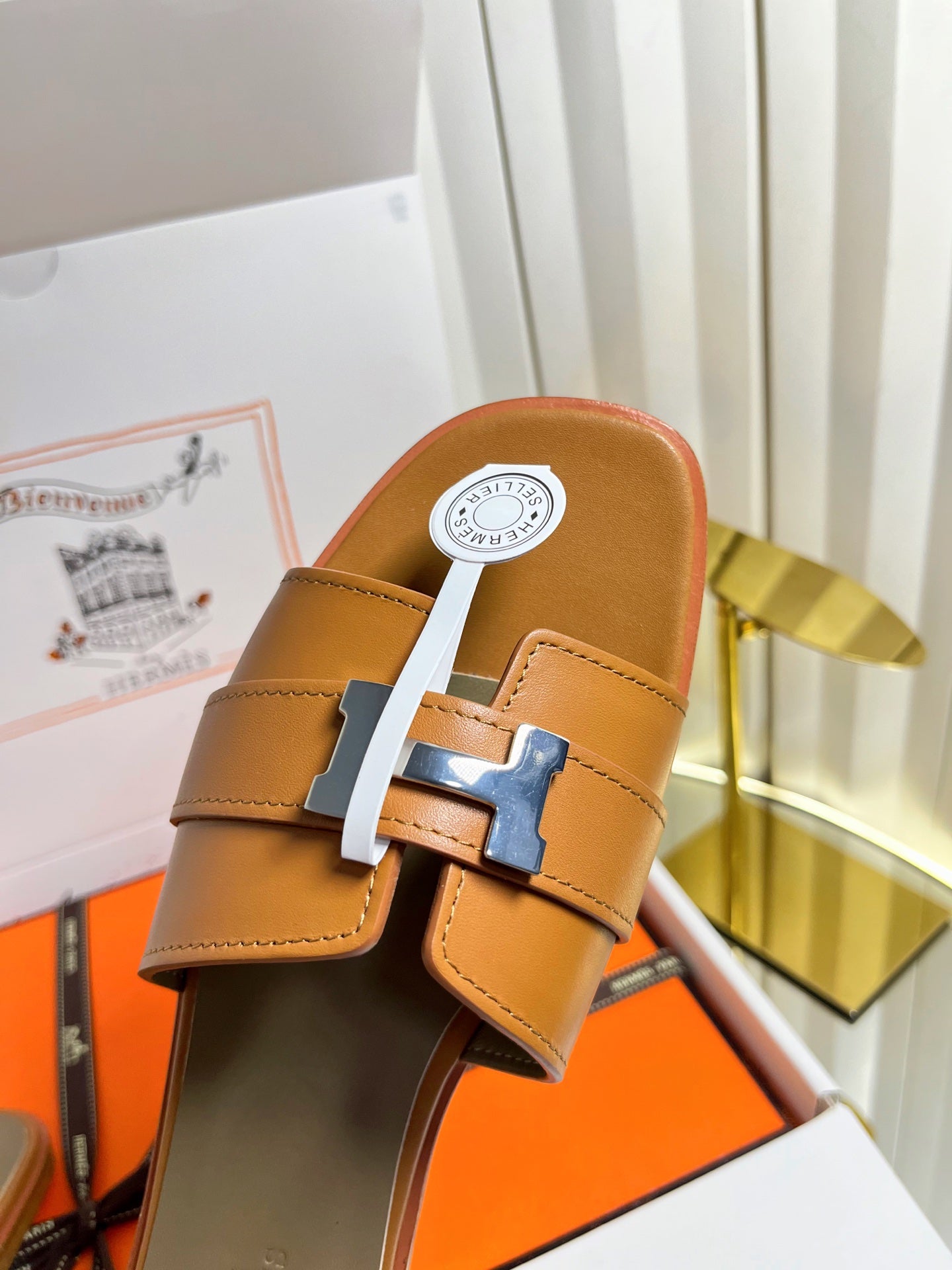HM 26S ORAN SANDALS IN CARAMEL BROWN CALFSKIN SILVER HARDWARE