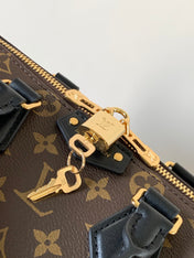 LV 25S SPEEDY TRUNK BAG 27 IN BROWN MONOGRAM COATED CANVAS AND BLACK CALFSKIN