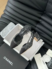 HIGH SLINGBACK IN BLACK MIX WHITE TWEED AND LAMBSKIN