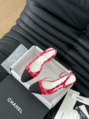 HIGH SLINGBACK IN CHERRY RED TWEED AND BLACK LAMBSKIN