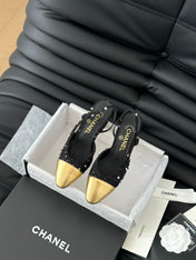 HIGH SLINGBACK IN BLACK TWEED AND GOLDEN LAMBSKIN