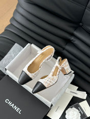 HIGH SLINGBACK IN BEIGE TWEED AND BLACK LAMBSKIN