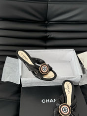 BLACK LAMBSKIN CC SLIDE SANDALS