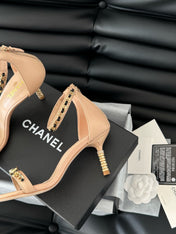 HIGH HEEL 7.5 MM SANDAL IN TAN BEIGE SHEEPSKIN WITH STICKERS