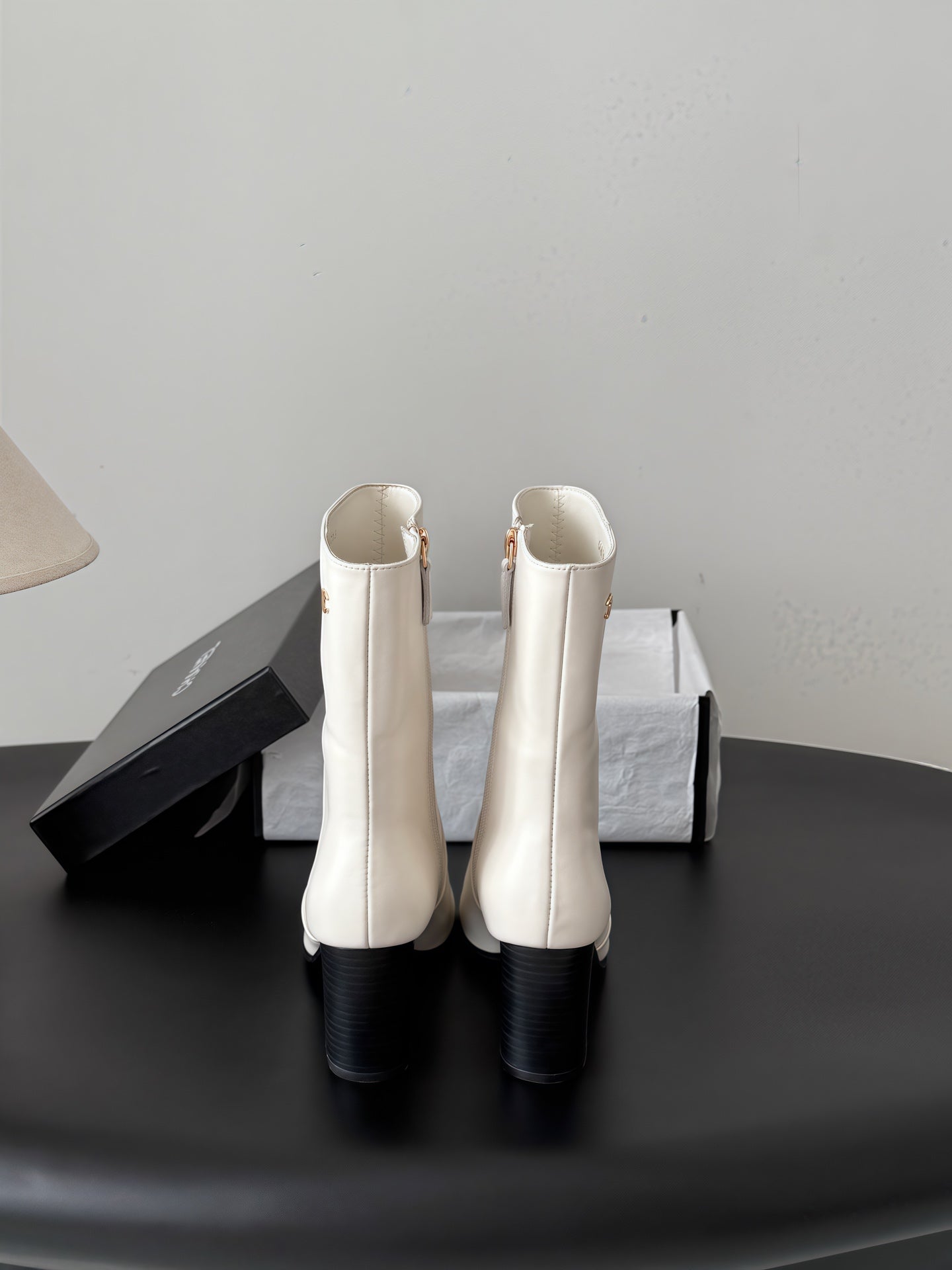 CHANEL 26S ANKLE BOOTS 70 MM IN CREAM WHITE CALFSKIN SQUARE TOE