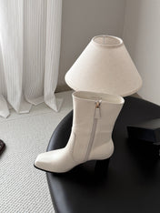 CHANEL 26S ANKLE BOOTS 70 MM IN CREAM WHITE CALFSKIN SQUARE TOE