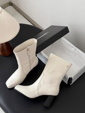 CHANEL 26S ANKLE BOOTS 70 MM IN CREAM WHITE CALFSKIN SQUARE TOE