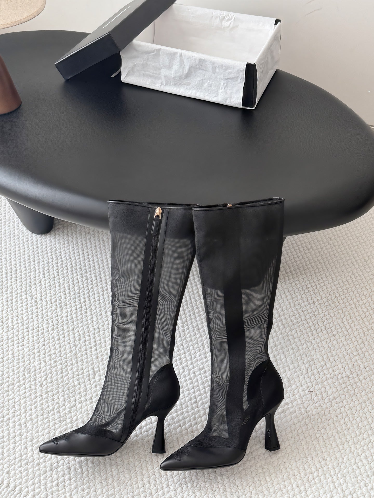CHANEL 26S THIGH HIGH BOOTS IN BLACK MESH