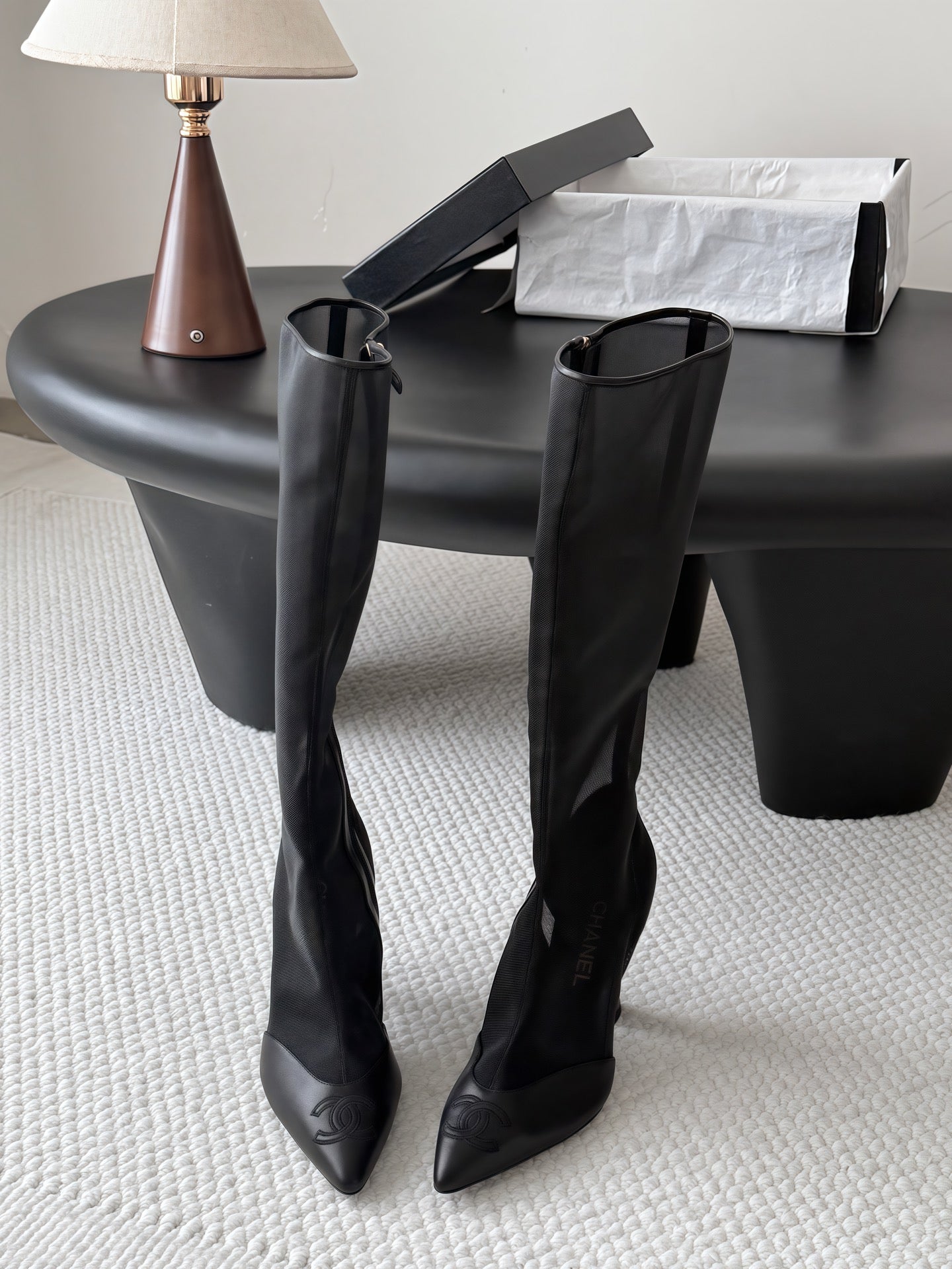 CHANEL 26S THIGH HIGH BOOTS IN BLACK MESH