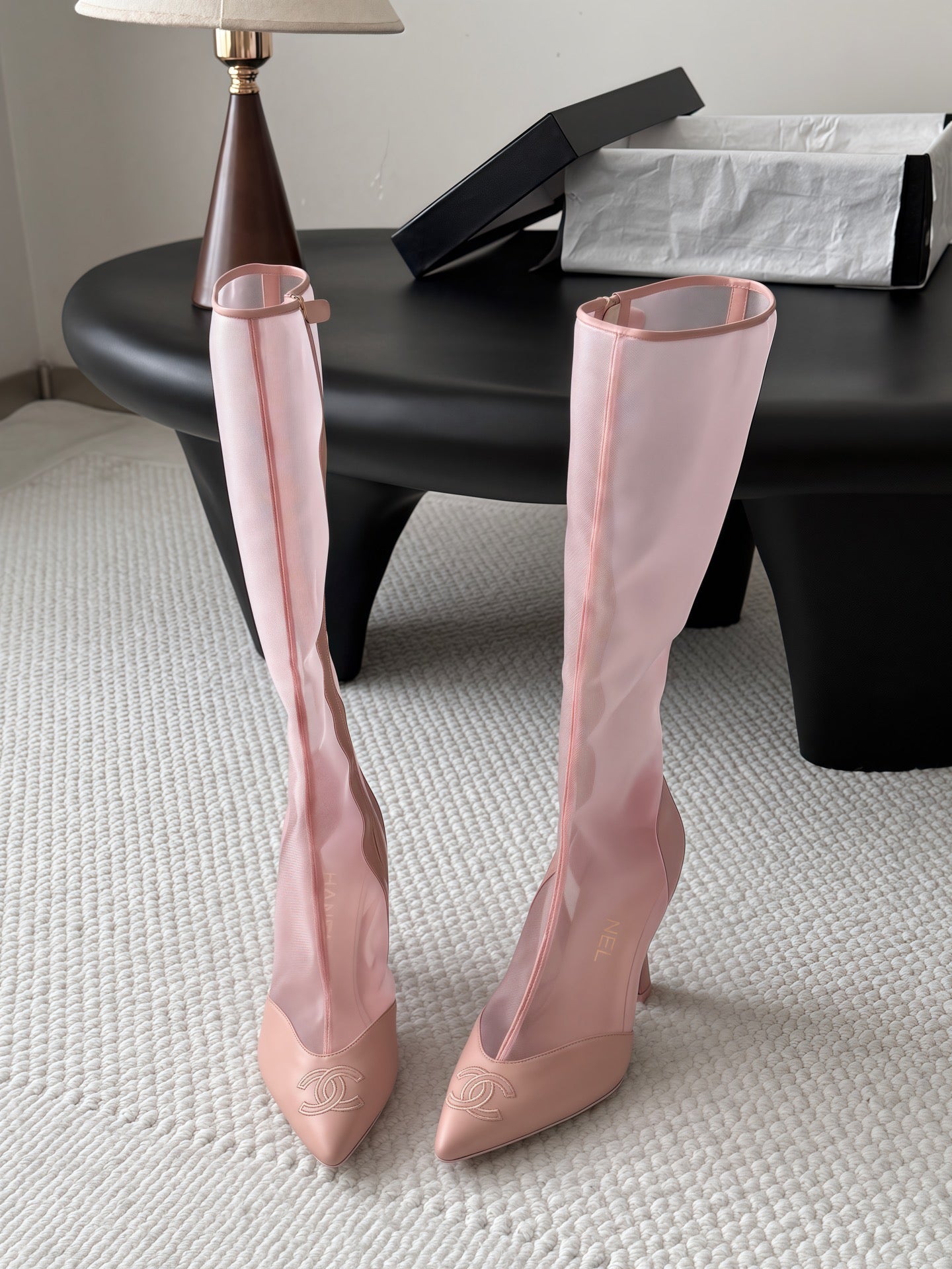 CHANEL 26S THIGH HIGH BOOTS IN LIGHT PINK MESH