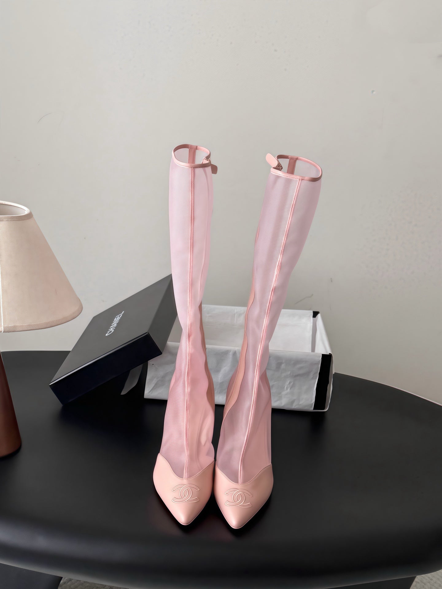 CHANEL 26S THIGH HIGH BOOTS IN LIGHT PINK MESH