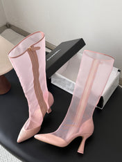 CHANEL 26S THIGH HIGH BOOTS IN LIGHT PINK MESH