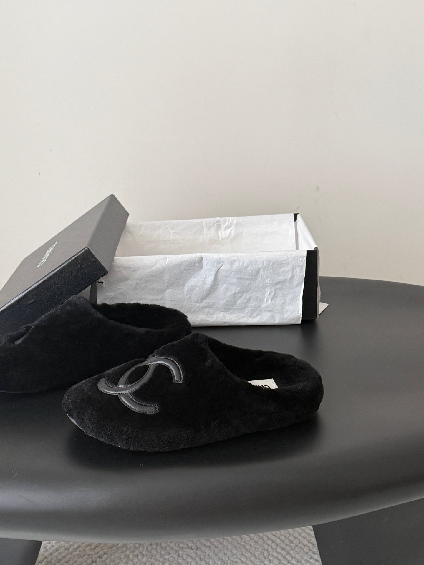 CHANEL 26S MULES IN BLACK SHEARLING LINING ROUND TOE