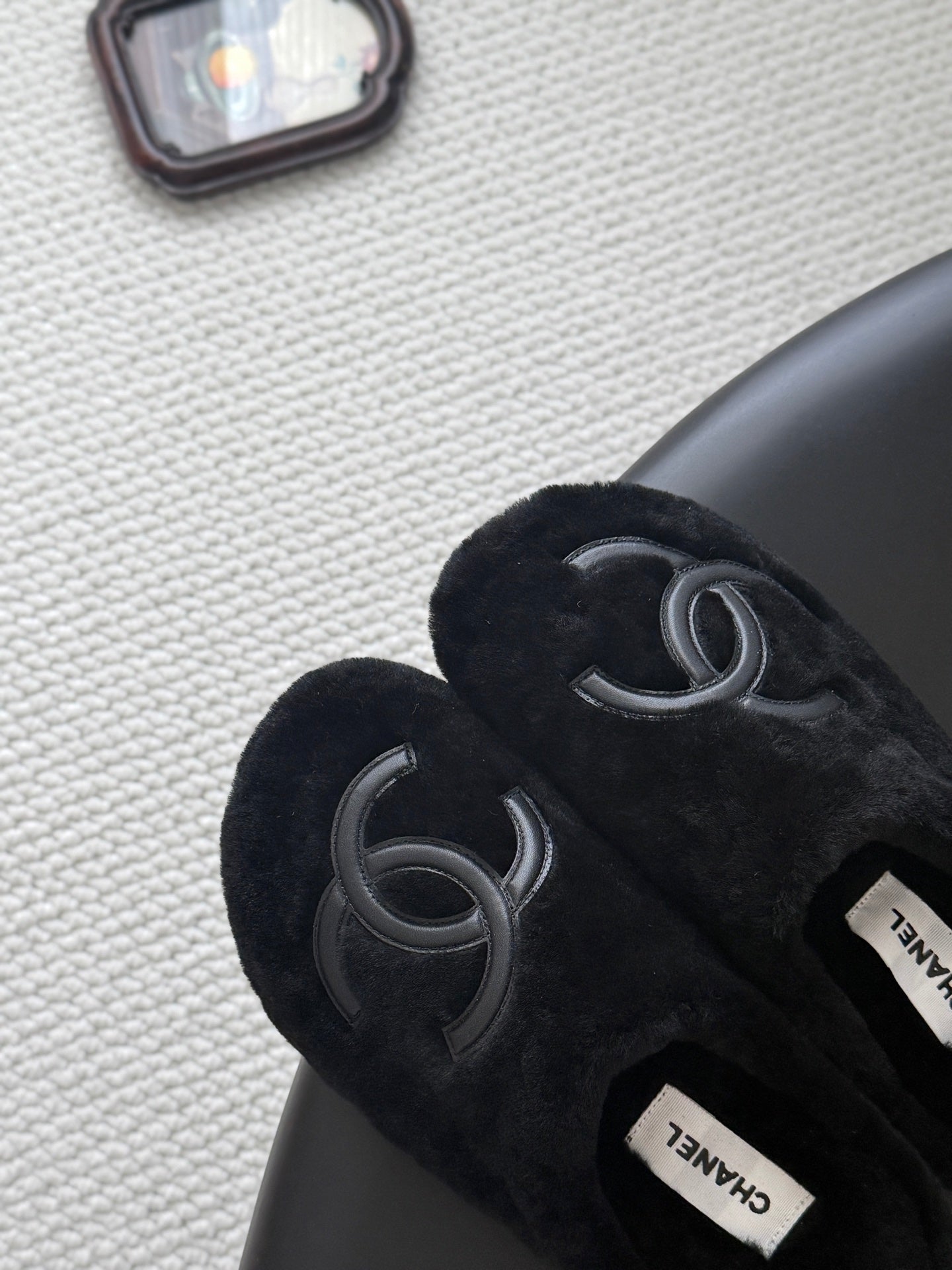 CHANEL 26S MULES IN BLACK SHEARLING LINING ROUND TOE
