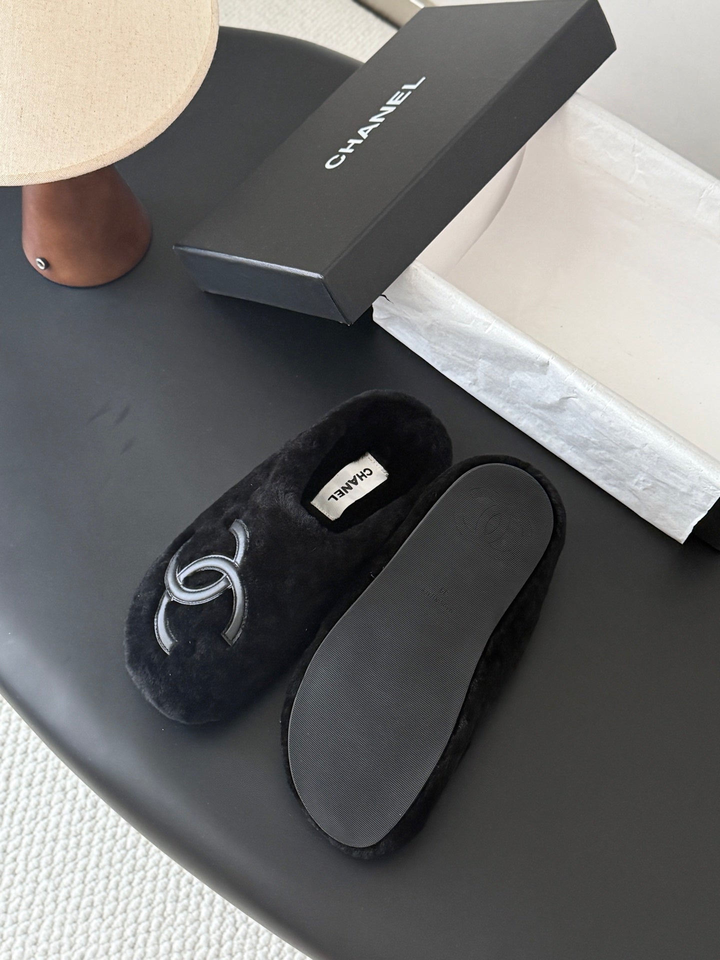 CHANEL 26S MULES IN BLACK SHEARLING LINING ROUND TOE