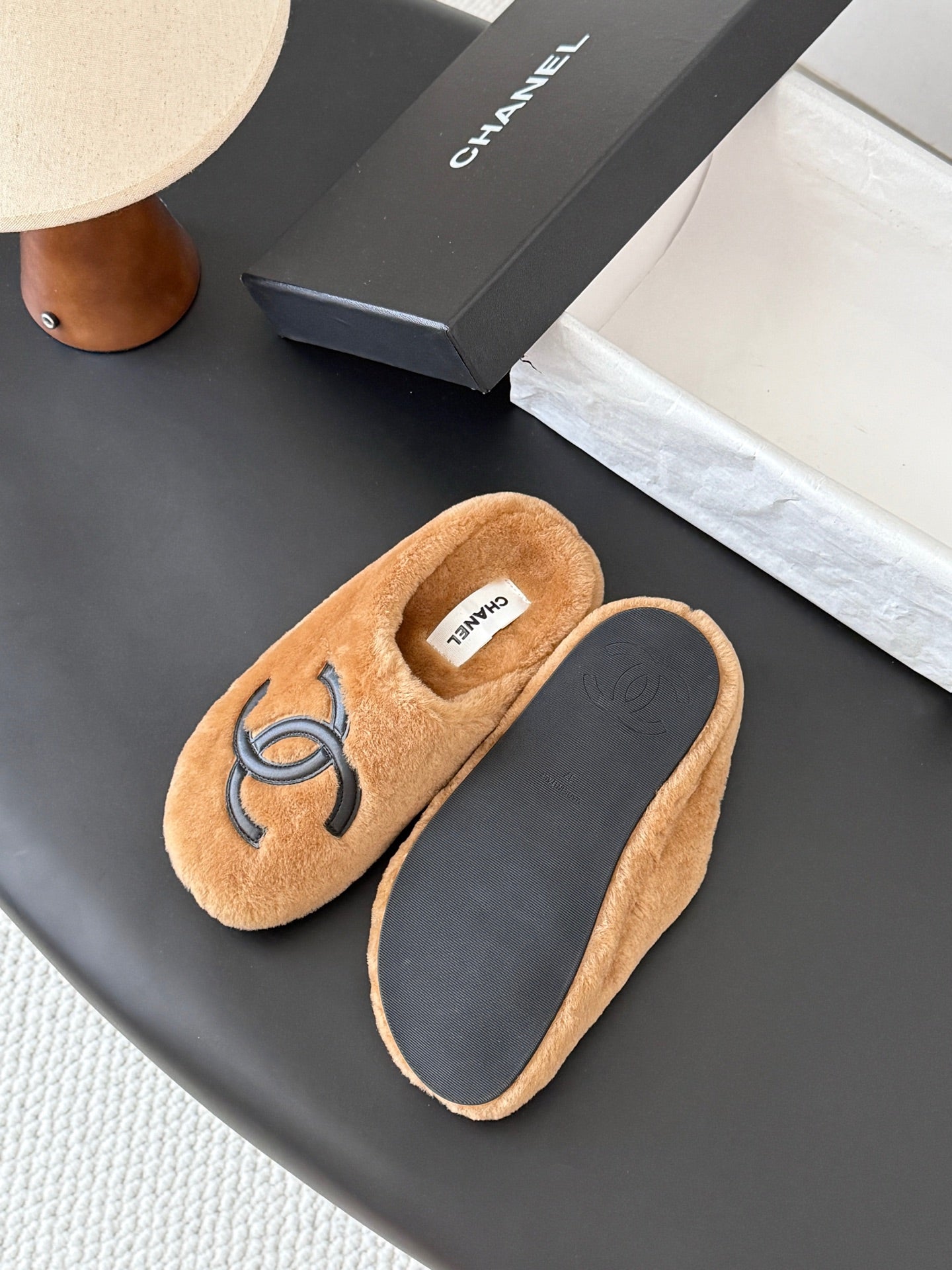 CHANEL 26S MULES IN BROWN SHEARLING LINING ROUND TOE