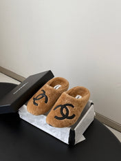 CHANEL 26S MULES IN BROWN SHEARLING LINING ROUND TOE