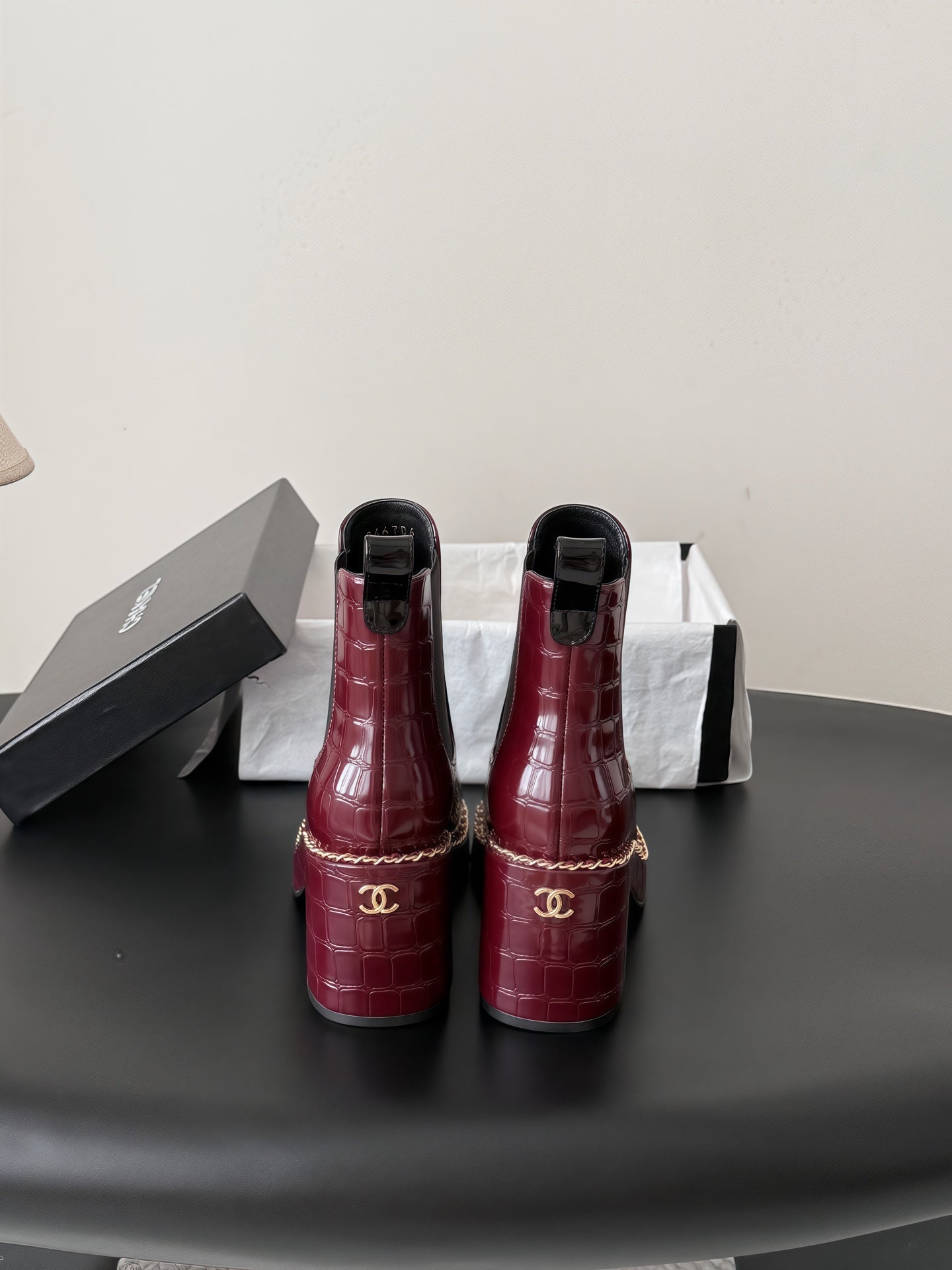 CHANEL 26S CHELSEA ANKLE BOOTS 70 MM IN BURGUNDY EMBOSSED AND BLACK PATENT