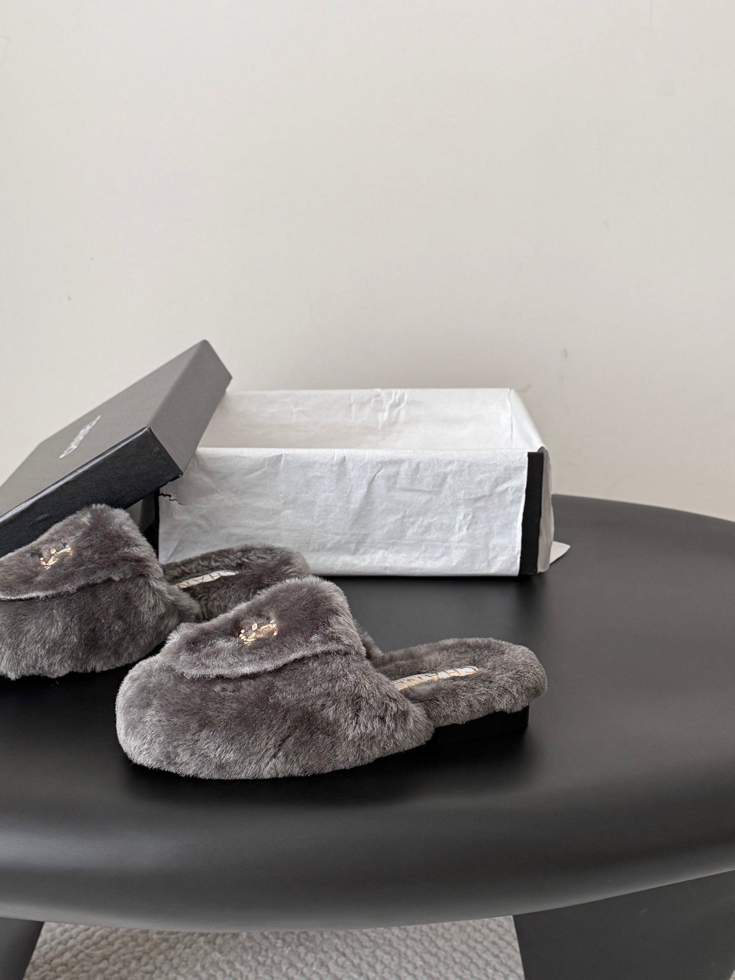 CHANEL 26S MULES IN GREY SHEARLING LINING