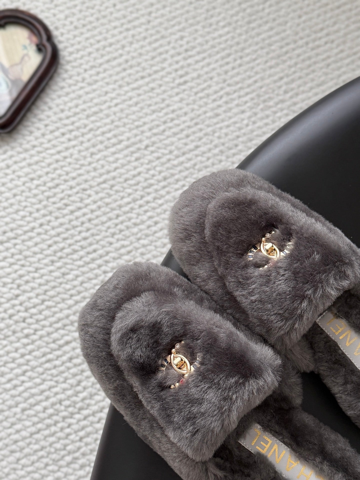 CHANEL 26S MULES IN GREY SHEARLING LINING