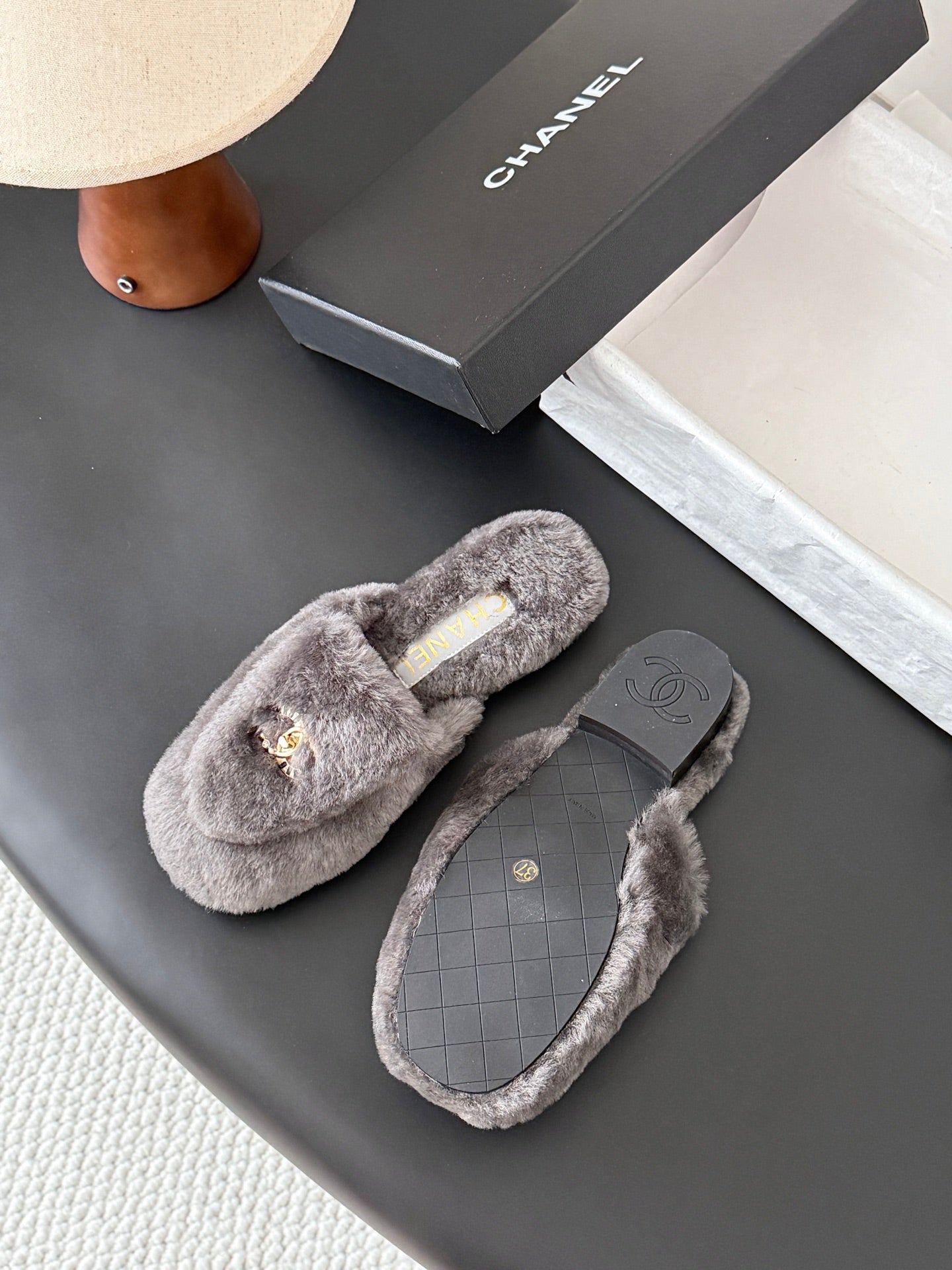 CHANEL 26S MULES IN GREY SHEARLING LINING